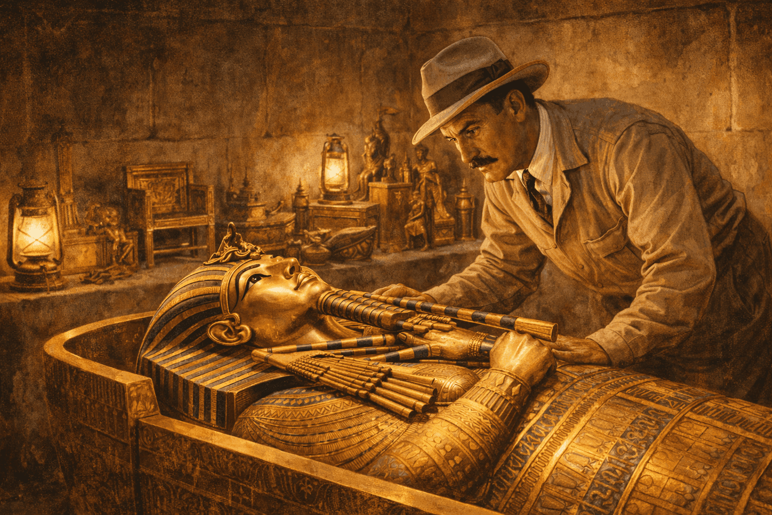 Howard Carter examining King Tutankhamun's golden sarcophagus in the tomb's burial chamber in 1924 with the famous golden death mask visible