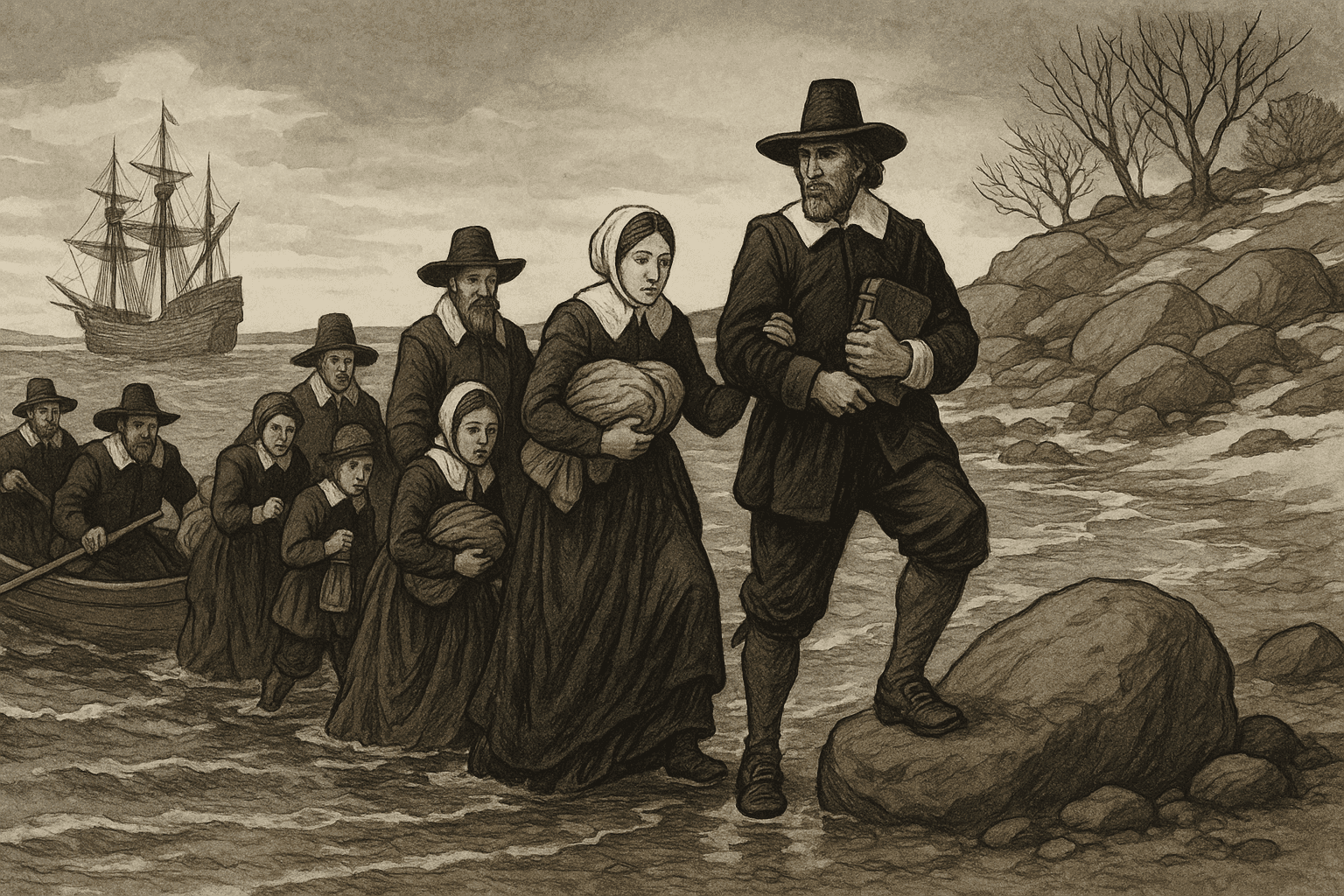 Pilgrims in period clothing coming ashore from a small boat at Plymouth Rock on a cold winter day, with the Mayflower visible in the distant harbor
