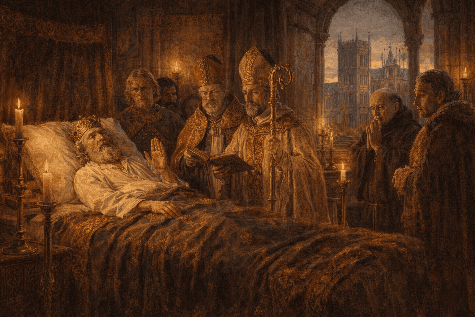 Edward the Confessor on his deathbed in 1066 surrounded by nobles and clergy at Westminster Palace with the abbey visible through windows