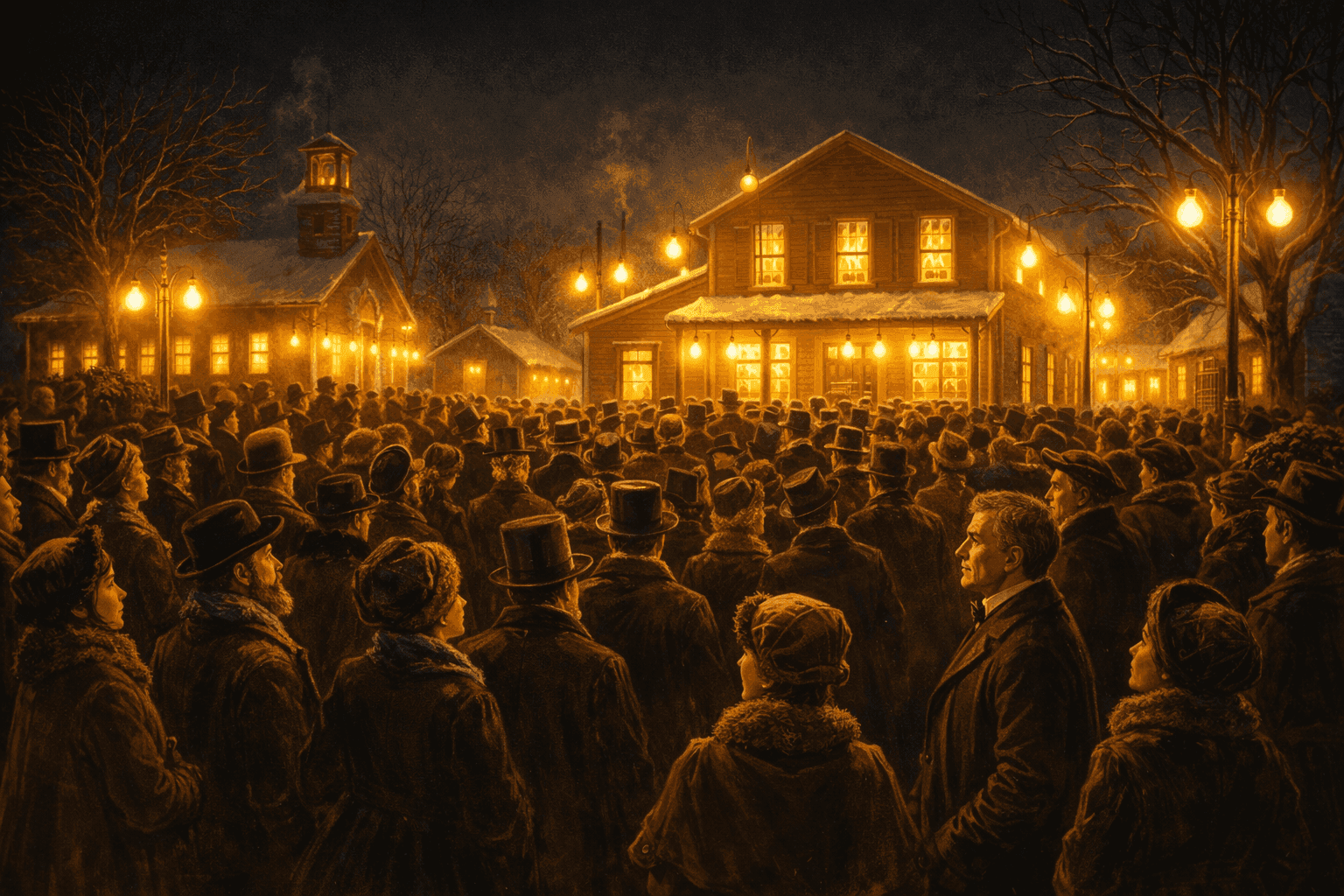 Thomas Edison's 1879 public demonstration at Menlo Park with illuminated buildings and streets full of amazed spectators viewing electric lights