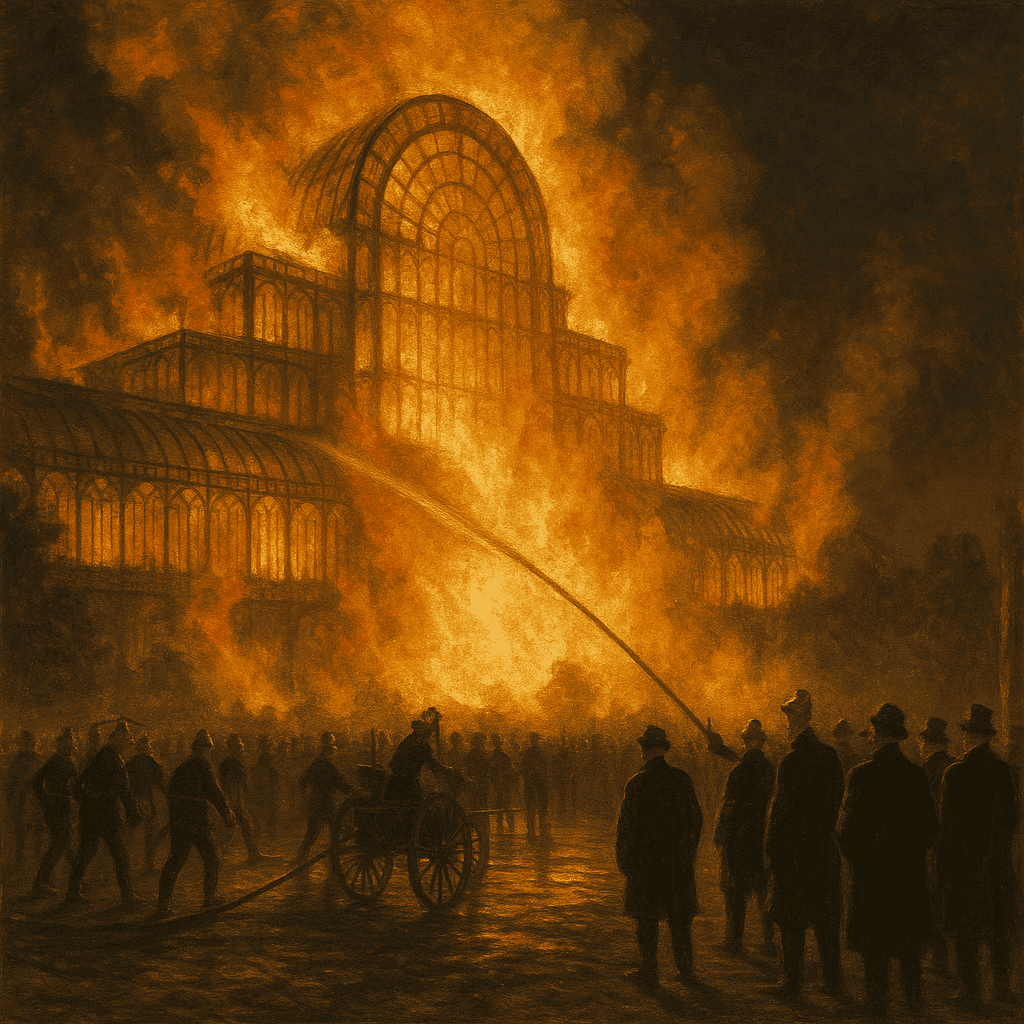 The Crystal Palace engulfed in flames