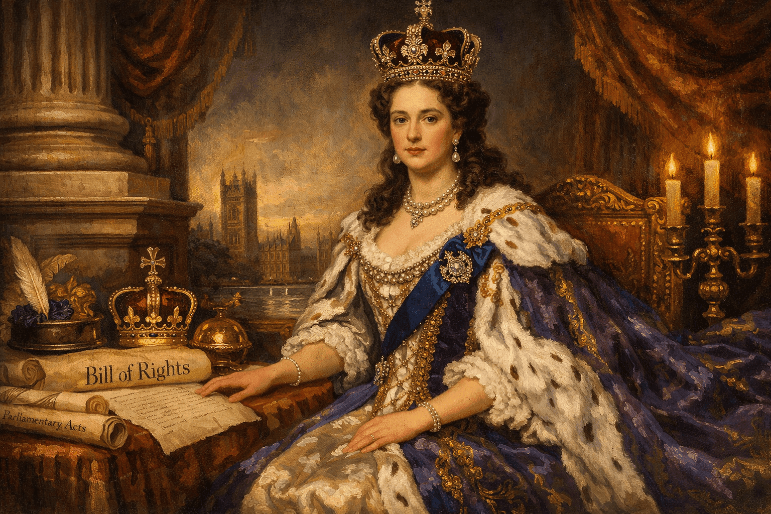Queen Mary II in royal regalia in a formal portrait setting, capturing the dignity and grace of England's constitutional monarch