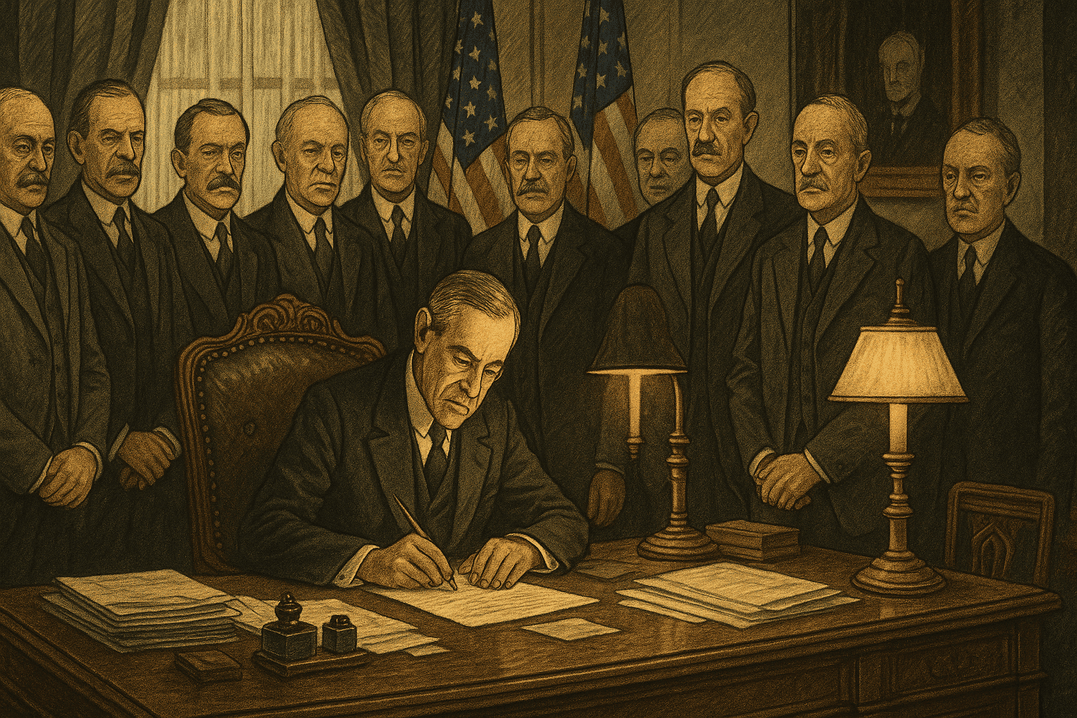 President Woodrow Wilson signing the Federal Reserve Act at his desk surrounded by officials and legislators in 1913