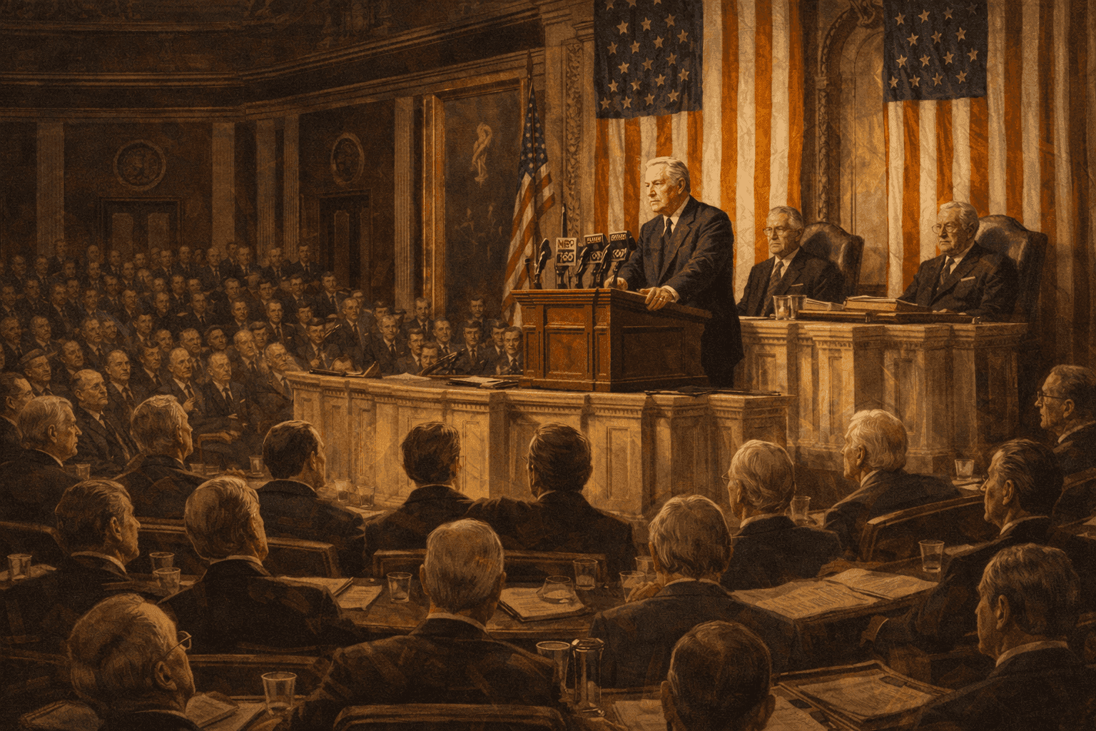 Franklin D. Roosevelt delivering the Four Freedoms speech to Congress in 1941 with assembled legislators and officials listening intently