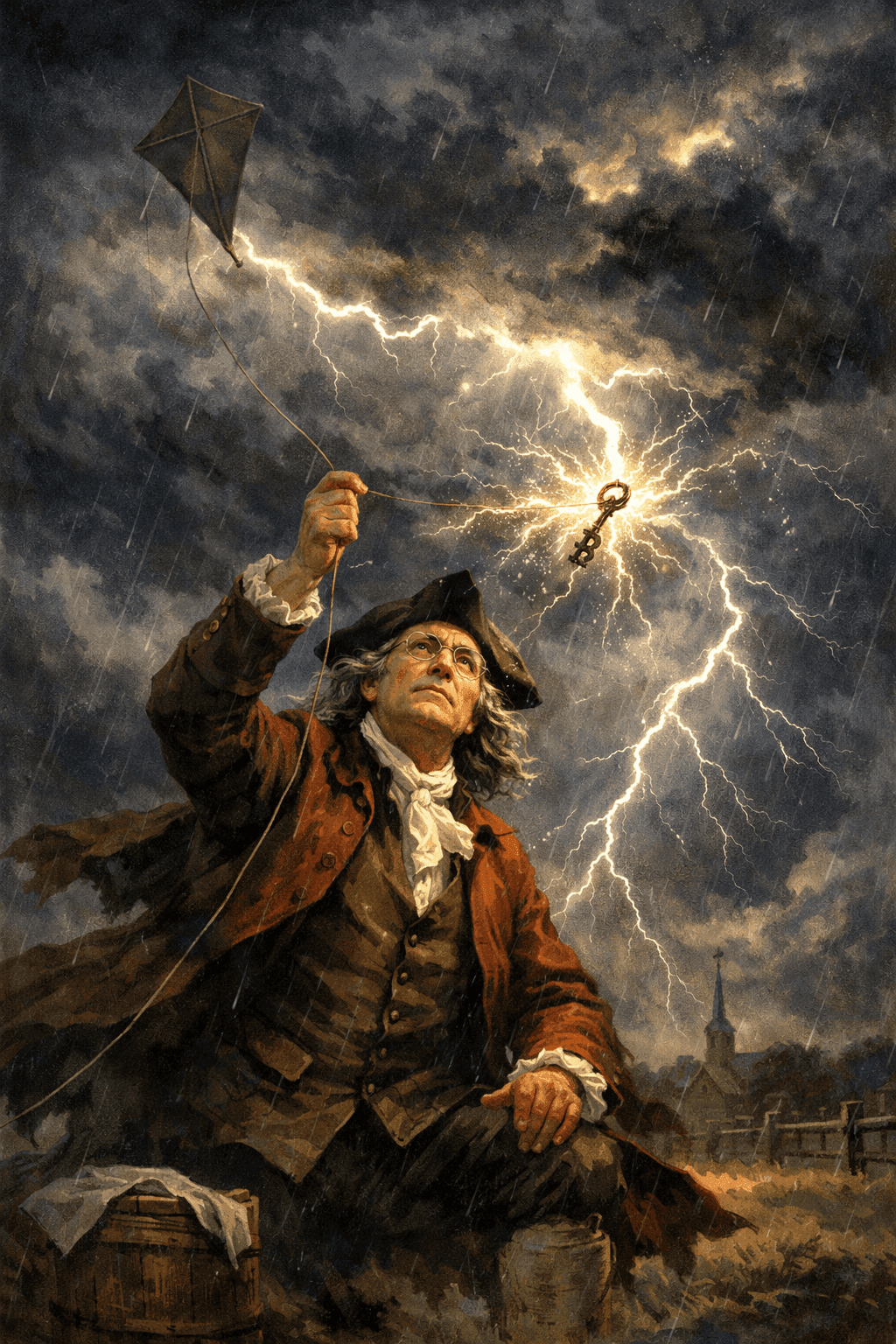 Benjamin Franklin conducting his famous kite experiment with lightning in a dramatic stormy sky