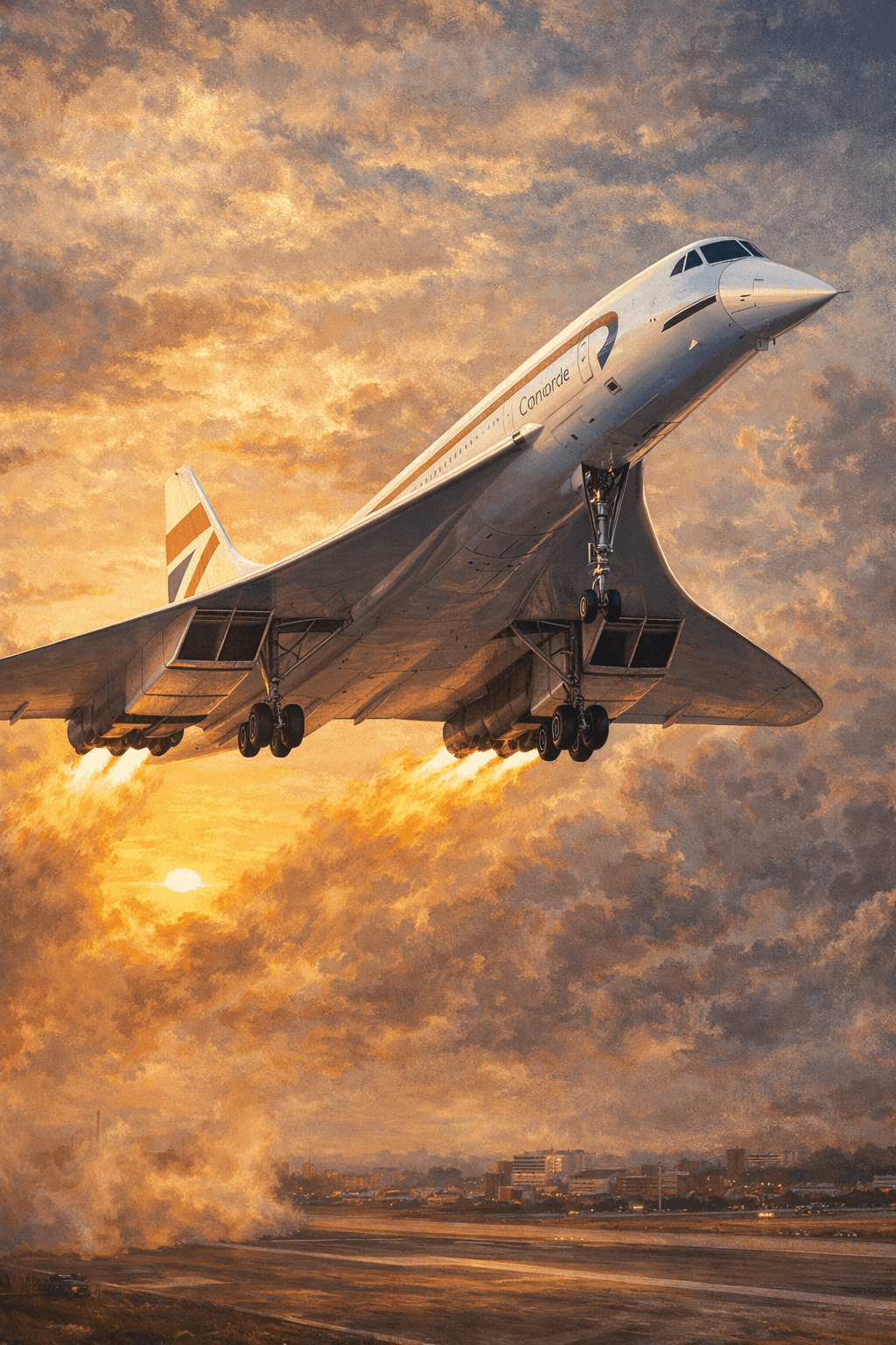 Concorde supersonic jet taking off with its distinctive delta wing and nose cone visible against the sky