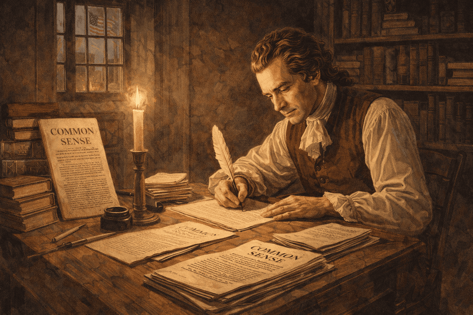 Thomas Paine writing Common Sense in 1776 colonial setting with copies of the pamphlet and revolutionary atmosphere