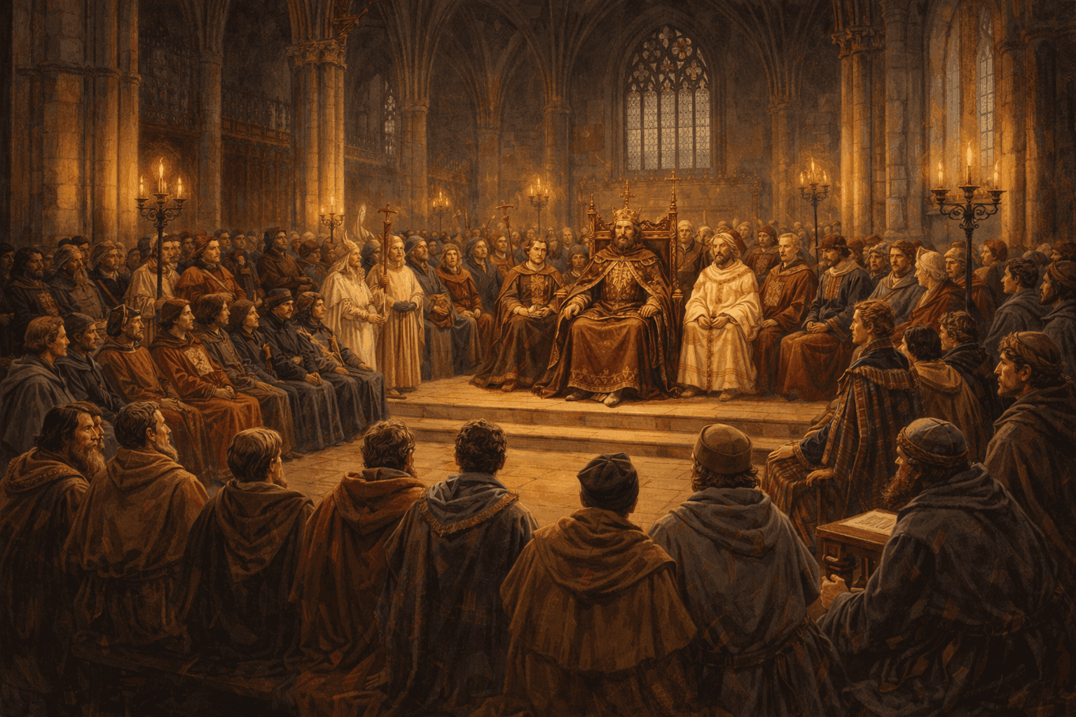 Medieval parliament meeting with nobles, clergy, and commoners gathered in Westminster Hall