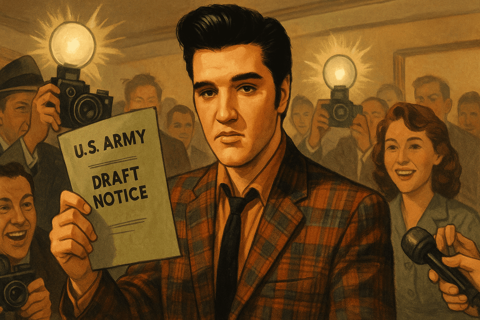 Elvis Presley in his Army uniform receiving his draft notice, surrounded by media and fans, capturing the cultural moment