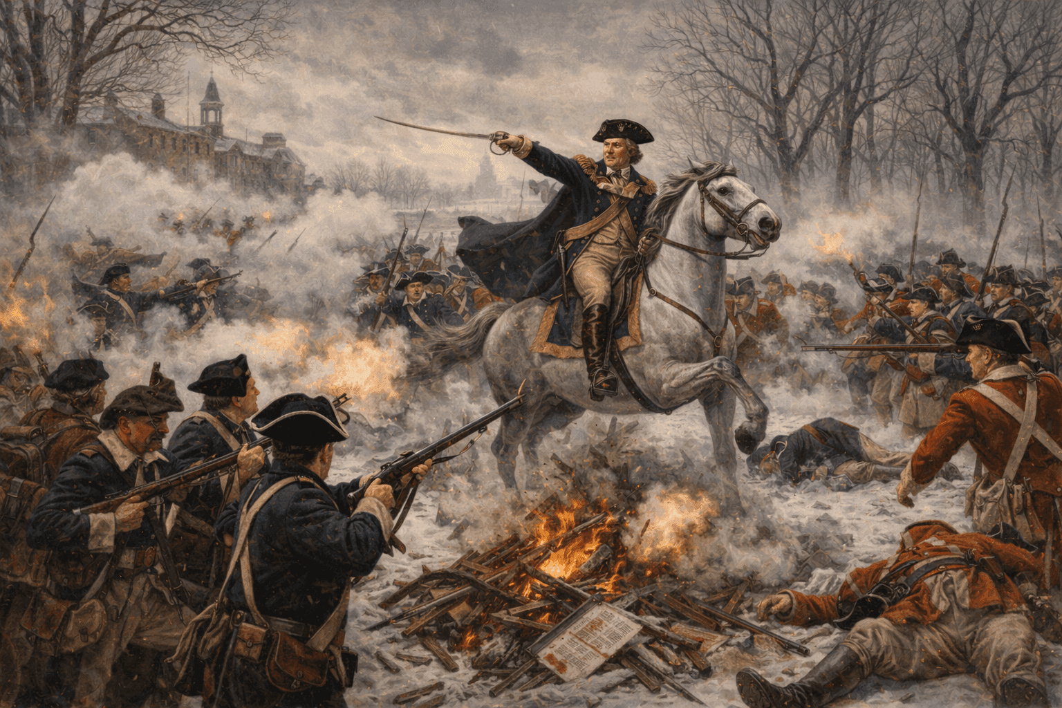 The Battle of Princeton in winter 1777 with Continental Army soldiers attacking British forces in the frozen New Jersey landscape with Washington leading