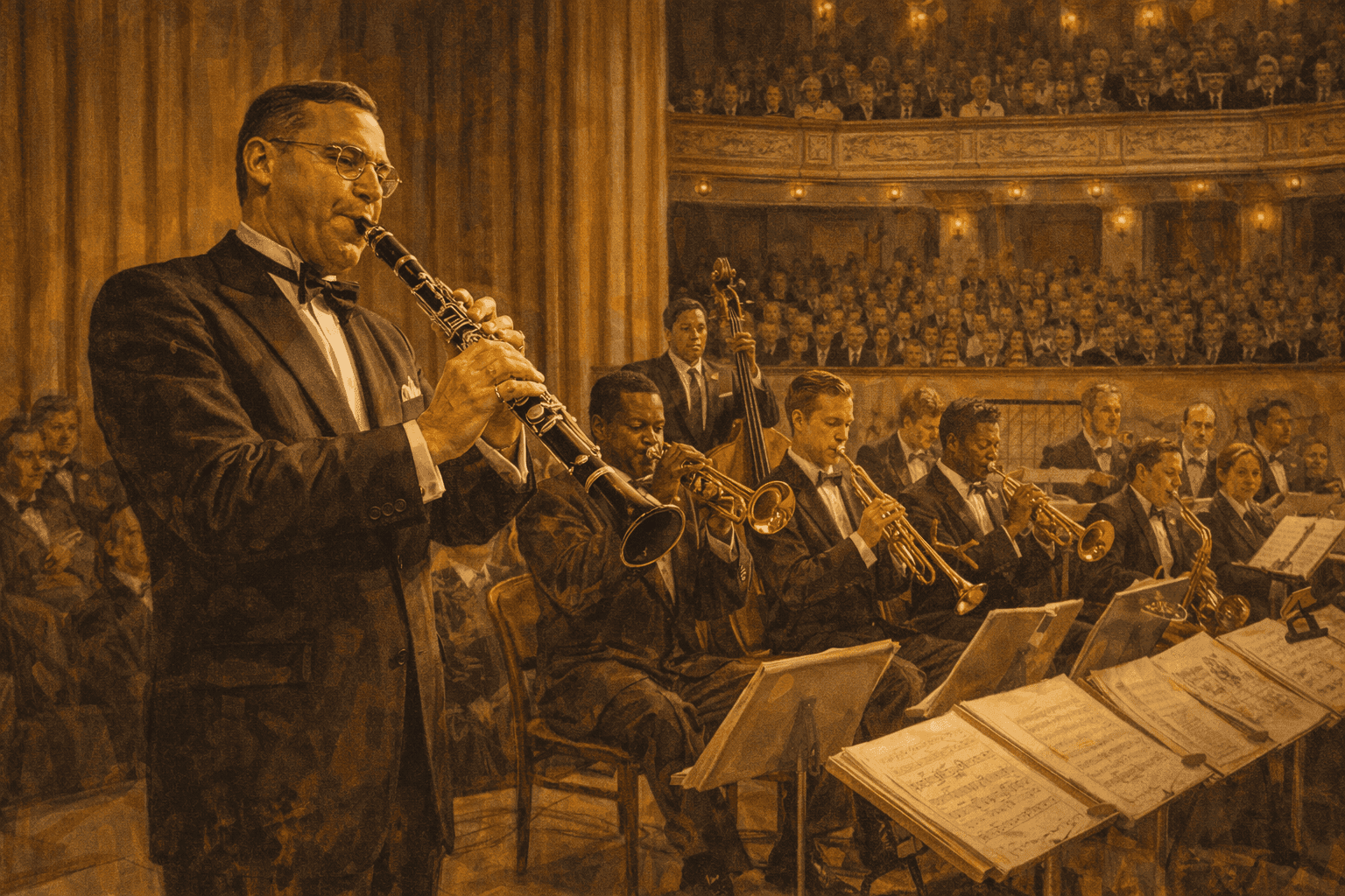 Benny Goodman and his integrated orchestra performing on the Carnegie Hall stage with audience members visible in elegant theater seats
