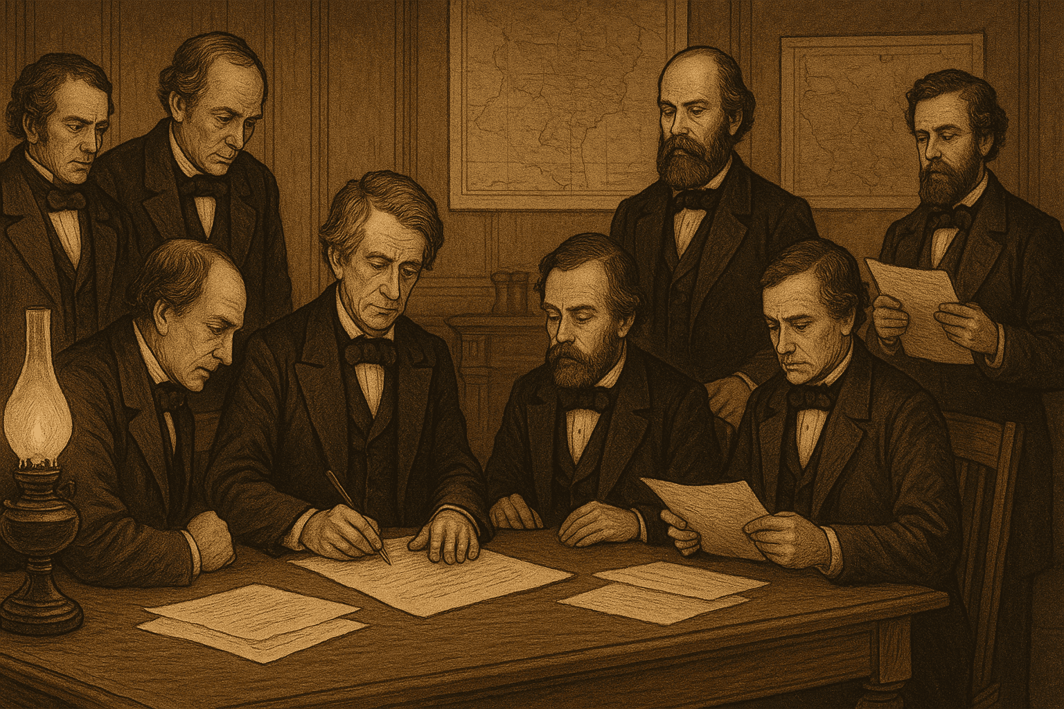 Secretary of State William Seward with other officials examining and signing the 13th Amendment ratification documents in a formal government office