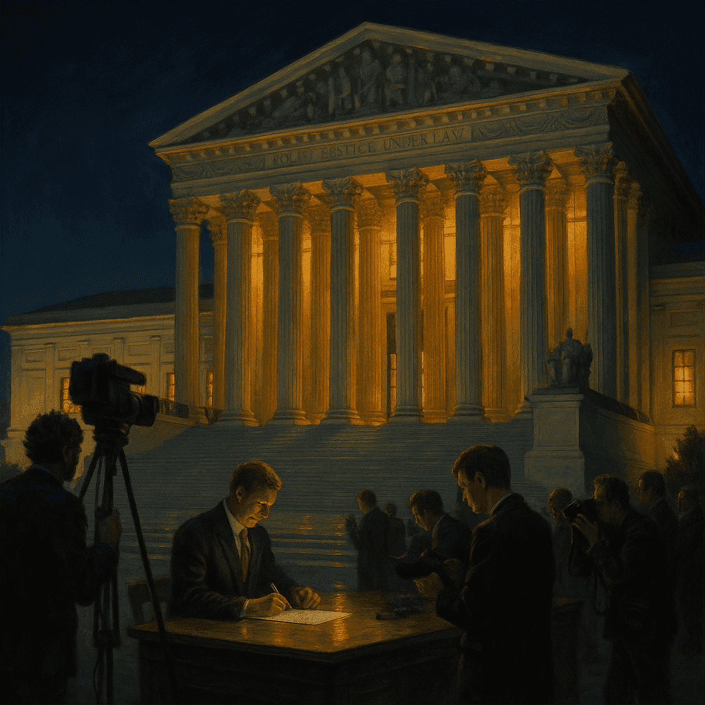 The Supreme Court building illuminated at night with media and observers gathered outside, symbolizing the weight of the historic decision within
