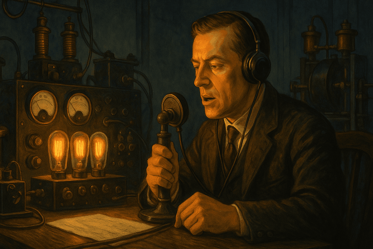 Reginald Fessenden at his radio transmitter station in 1906, speaking into a microphone surrounded by early radio equipment and electrical apparatus