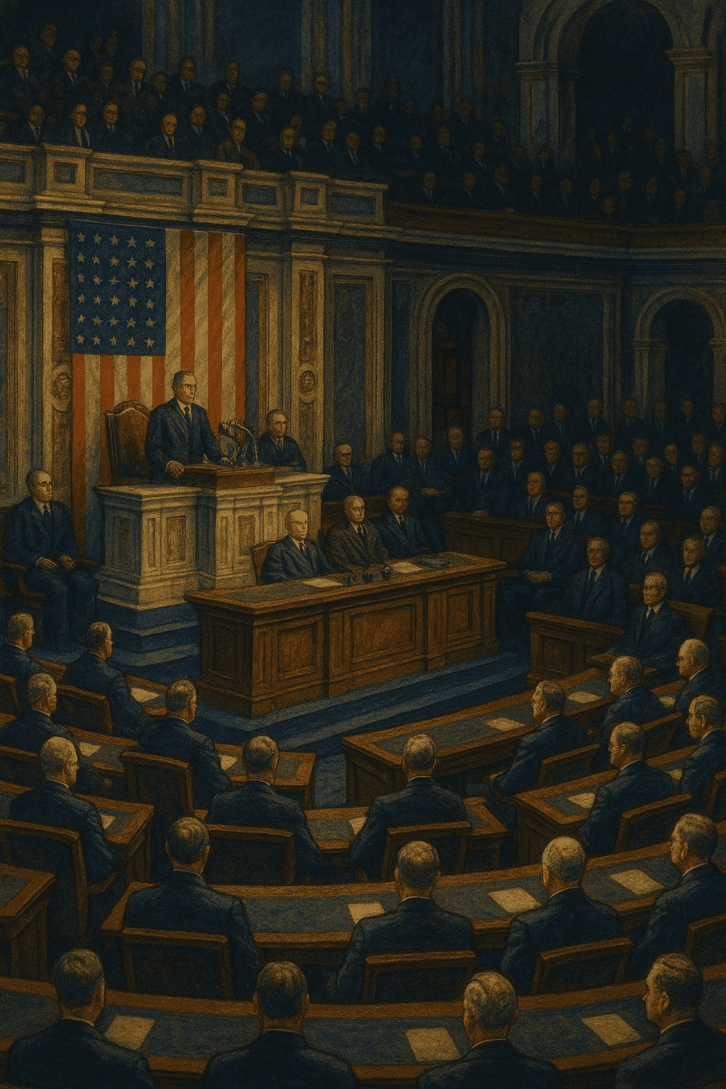 Dramatic scene of the U.S. Congress chamber during the declaration of war, with officials and delegates gathered in solemn determination