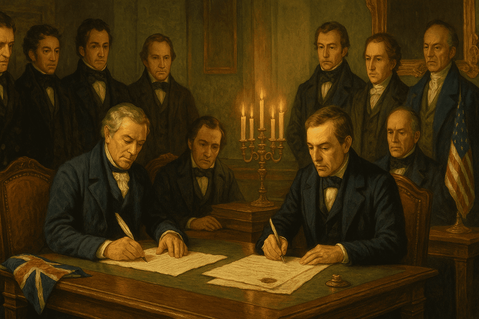 British and American diplomats signing the Treaty of Ghent in an elegant European meeting room with period-accurate early 19th century details