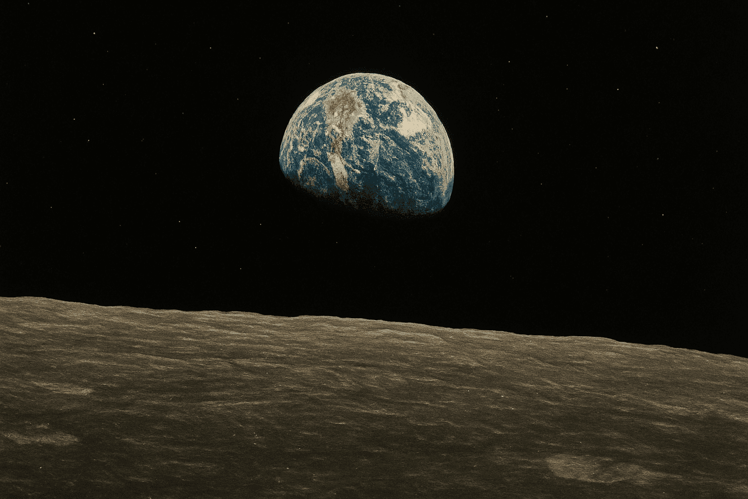 The iconic Earthrise photograph showing Earth rising above the Moon's horizon, with the lunar surface in the foreground and our blue planet in the cosmic darkness