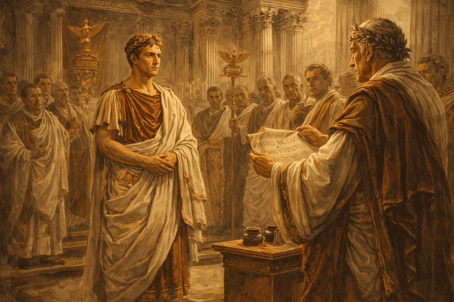 Augustus in Roman senatorial robes receiving honors before the Roman Senate in a grand marble chamber