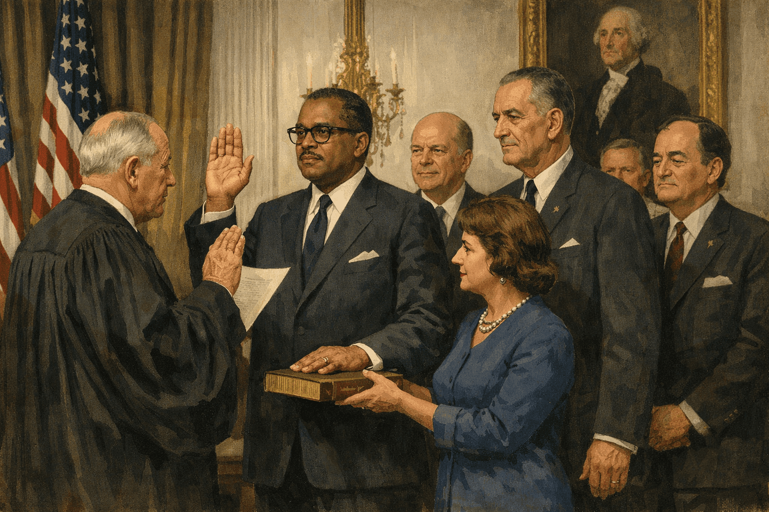 Robert C. Weaver being sworn in as HUD Secretary in 1966 with President Johnson and other officials present in formal ceremony