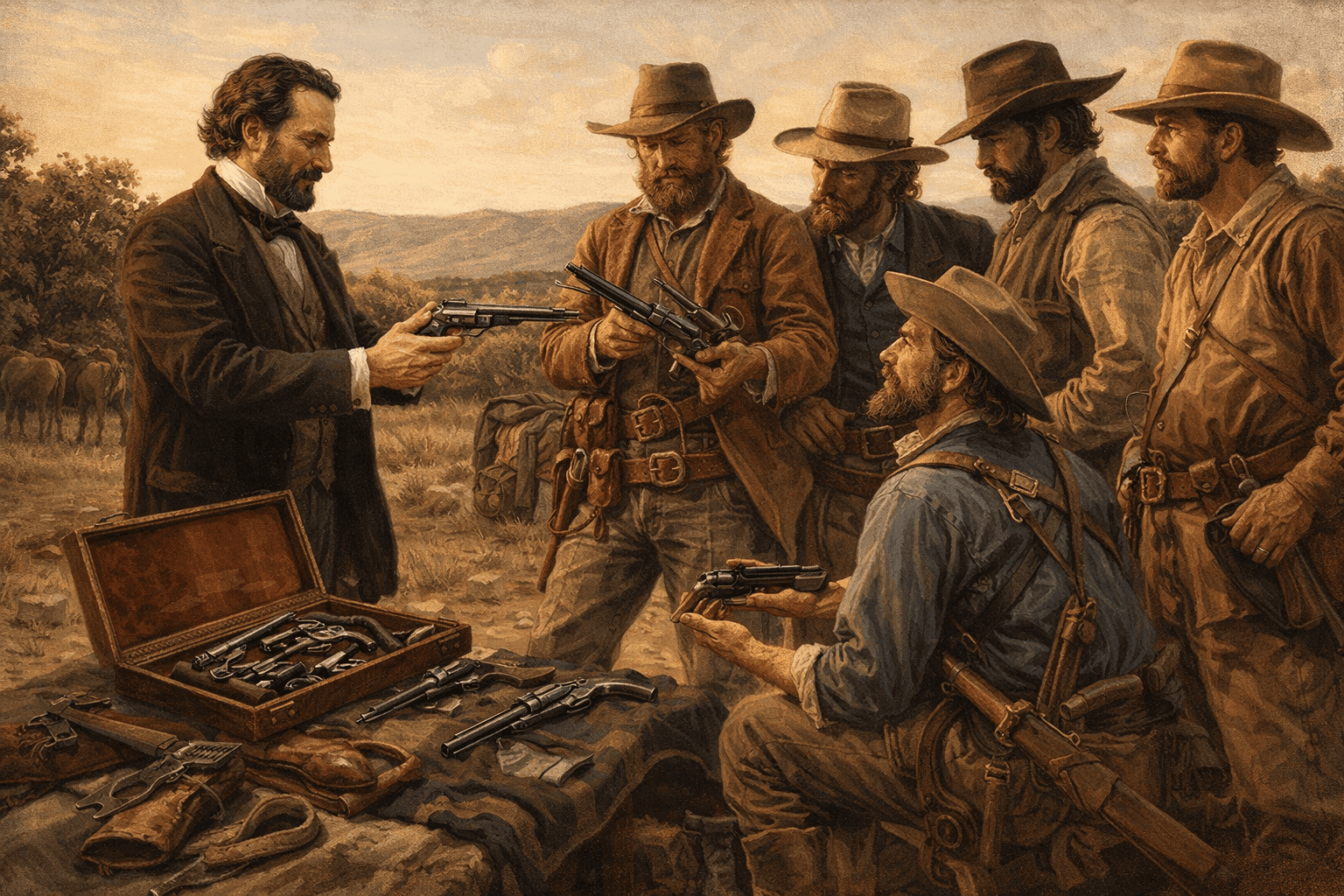 Samuel Colt presenting revolvers to Texas Rangers in 1847 frontier setting with period-accurate weapons and Western details
