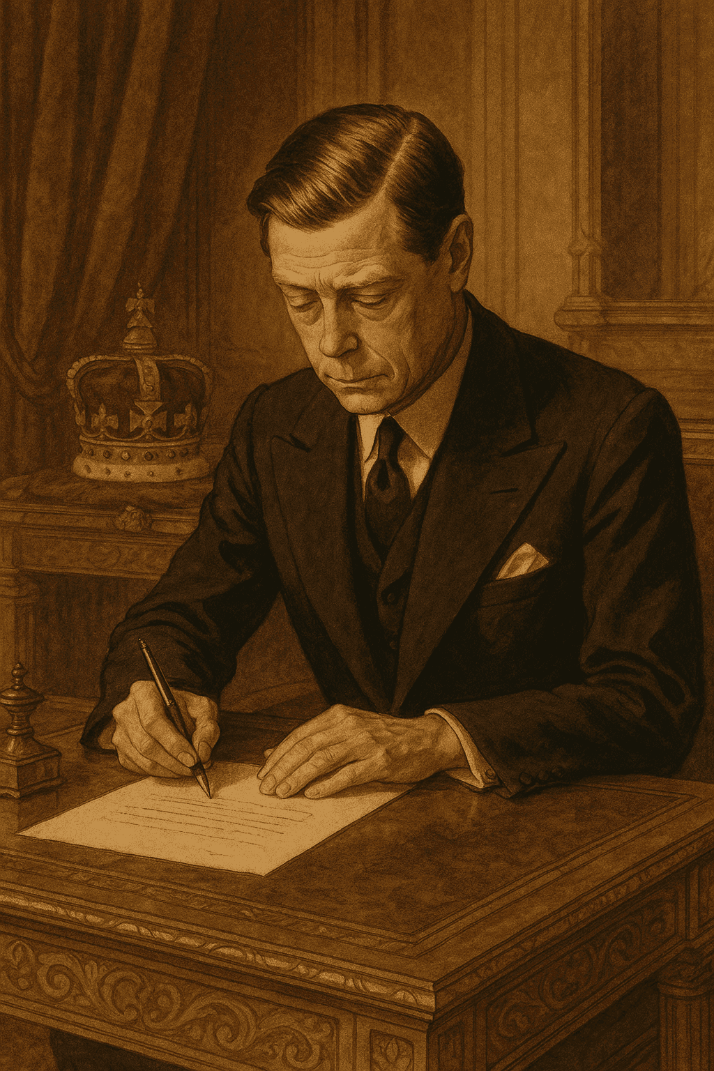 King Edward VIII signing the abdication document at a desk, surrounded by official documents and royal regalia