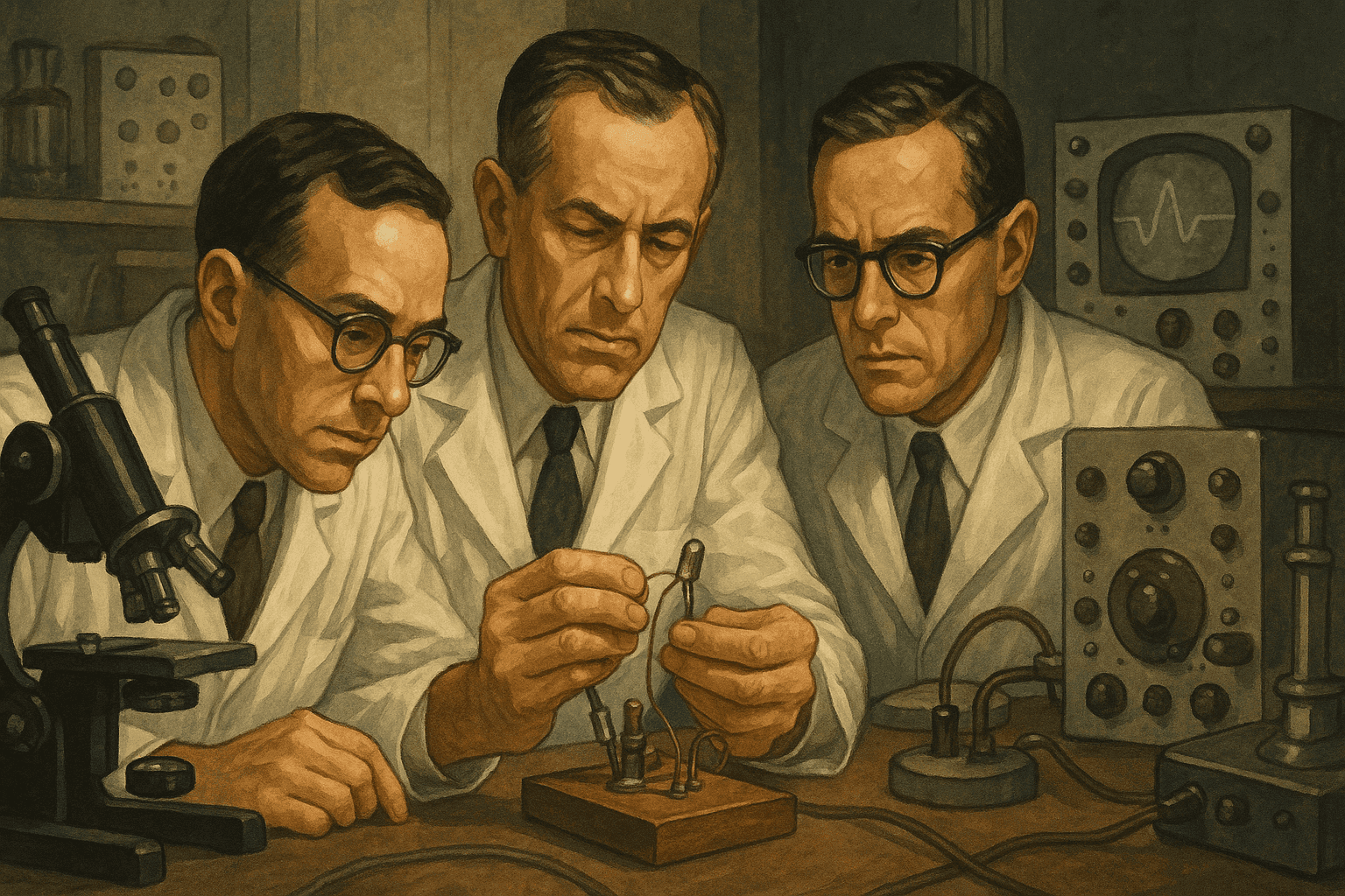 Scientists at Bell Labs in 1947 examining the first transistor under laboratory equipment with period-accurate scientific instruments