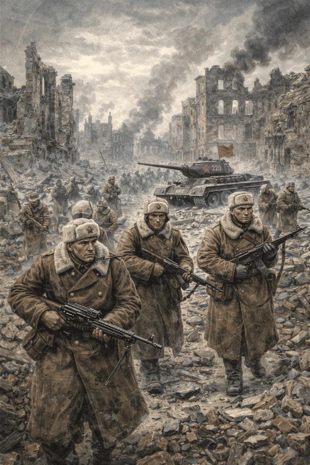 Soviet soldiers entering the ruins of Warsaw with destroyed buildings and rubble in the background