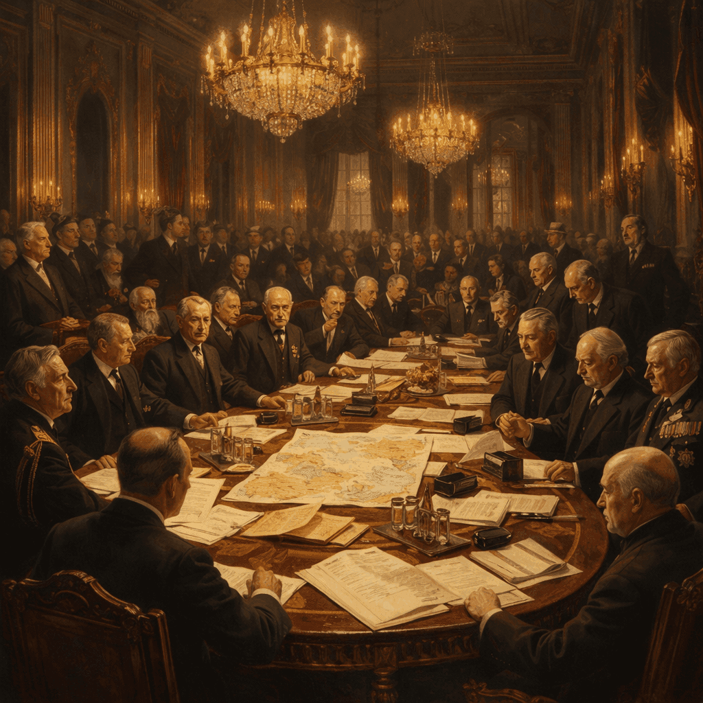 World leaders gathered around a conference table in an ornate Parisian hall during the Paris Peace Conference