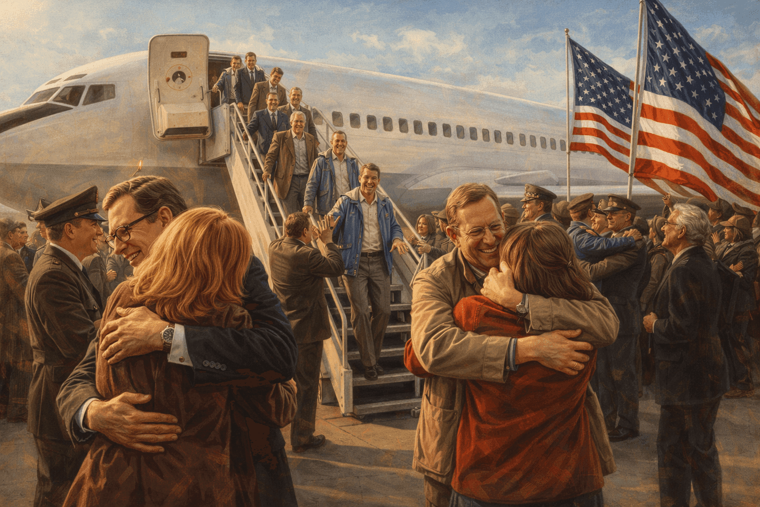 American hostages descending aircraft stairs with military personnel and families waiting below