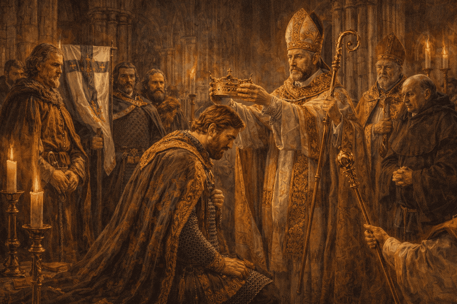 Harold II being hastily crowned King of England in Westminster Abbey on January 6, 1066, with nobles and clergy present in medieval ceremony