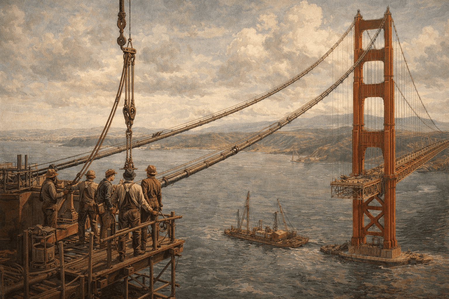 Early construction of the Golden Gate Bridge in 1933 showing workers, scaffolding, and cables beginning to span the Golden Gate strait with San Francisco Bay in background