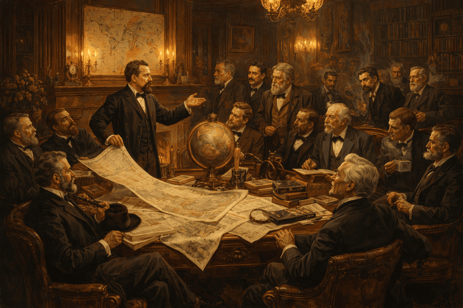 Victorian-era explorers and scientists gathered around maps and globes at the founding meeting of National Geographic Society
