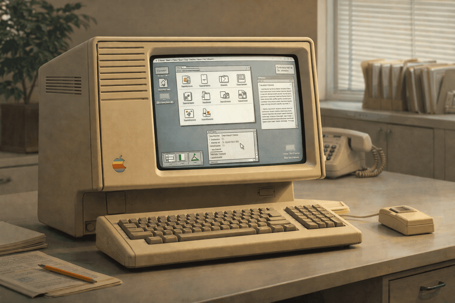 The Apple Lisa computer on a desk displaying its revolutionary graphical interface with windows and icons