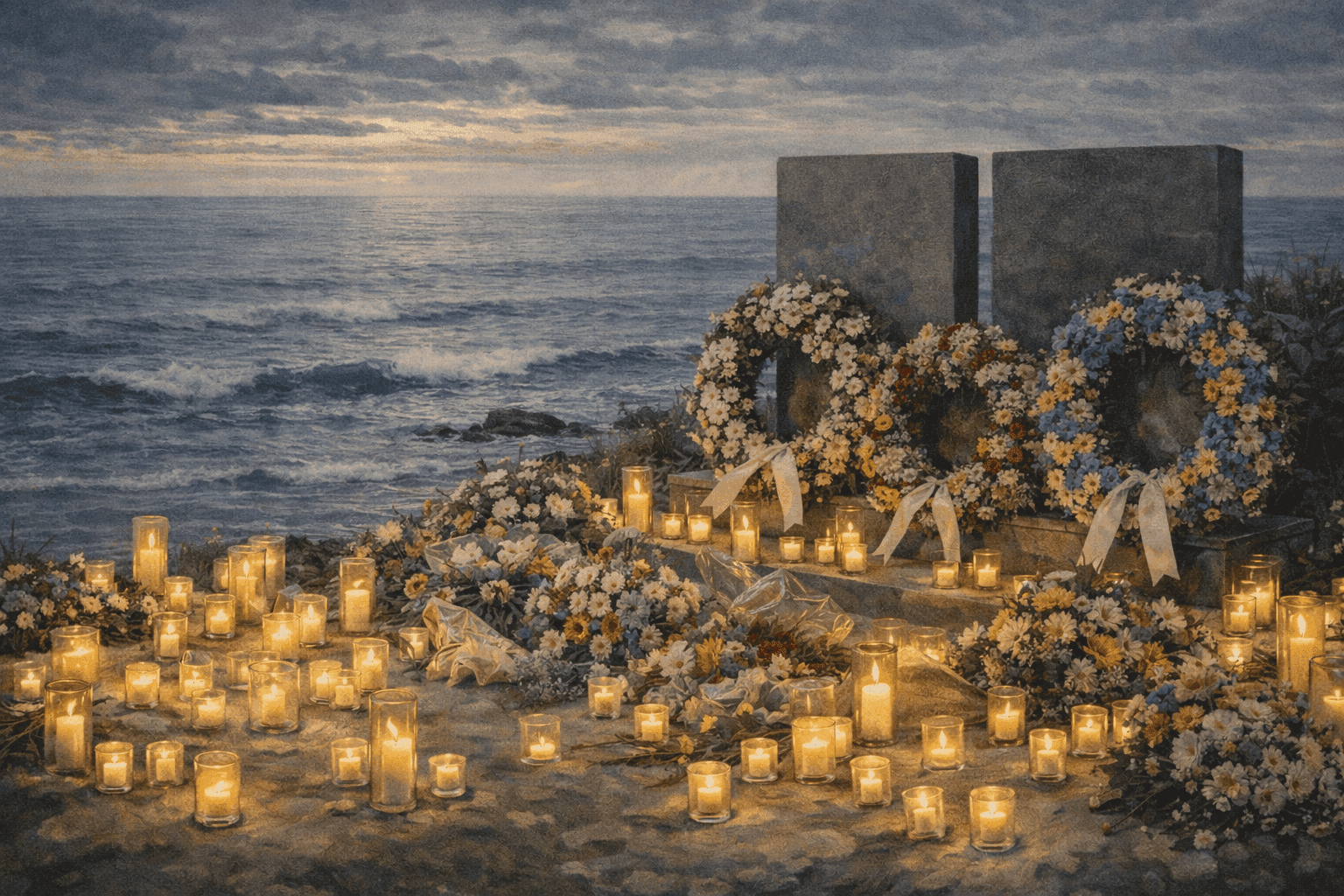 Somber memorial scene with candles and flowers commemorating tsunami victims, with the ocean visible in the peaceful background