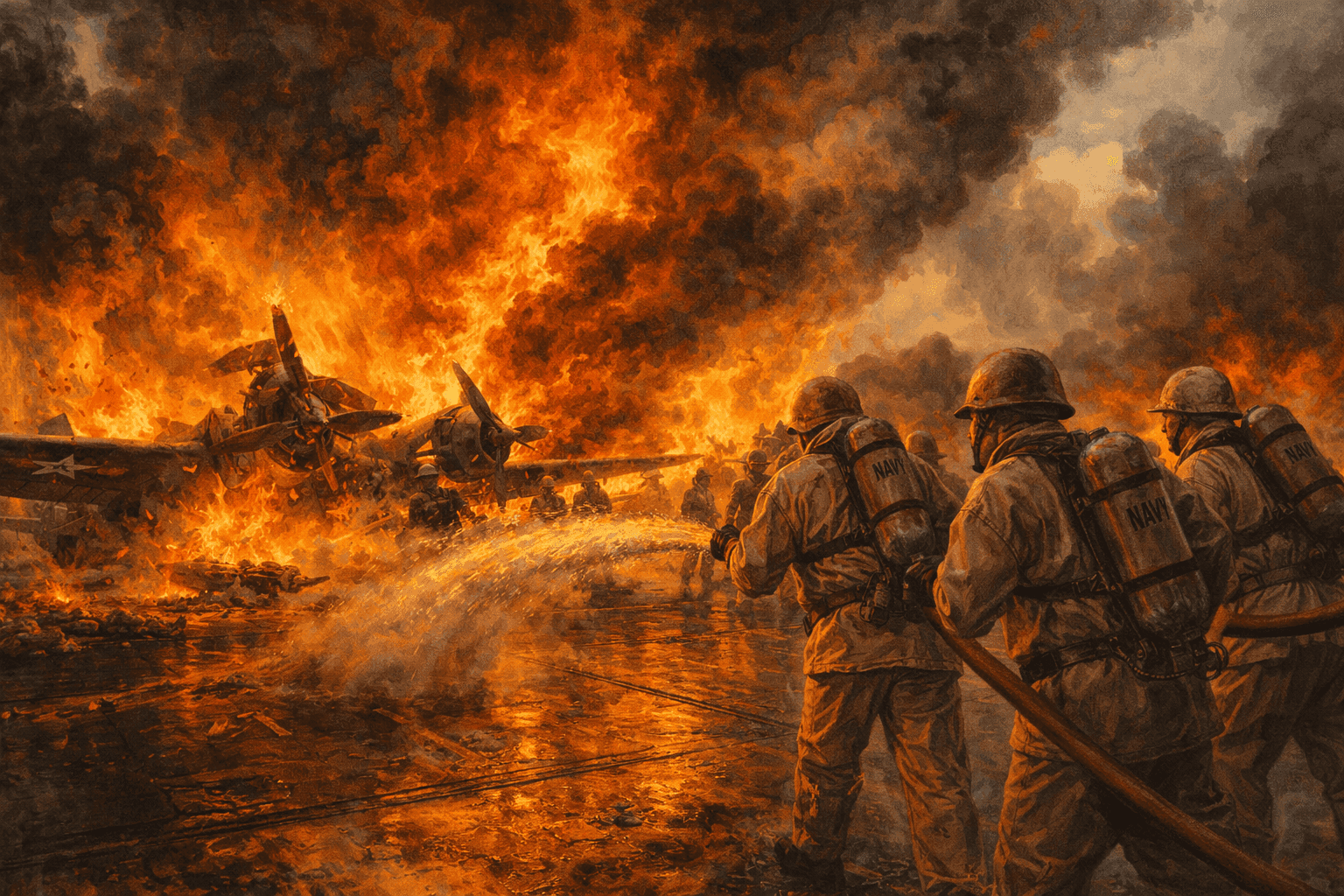 Sailors battling intense flames on the deck of an aircraft carrier with smoke billowing into the sky
