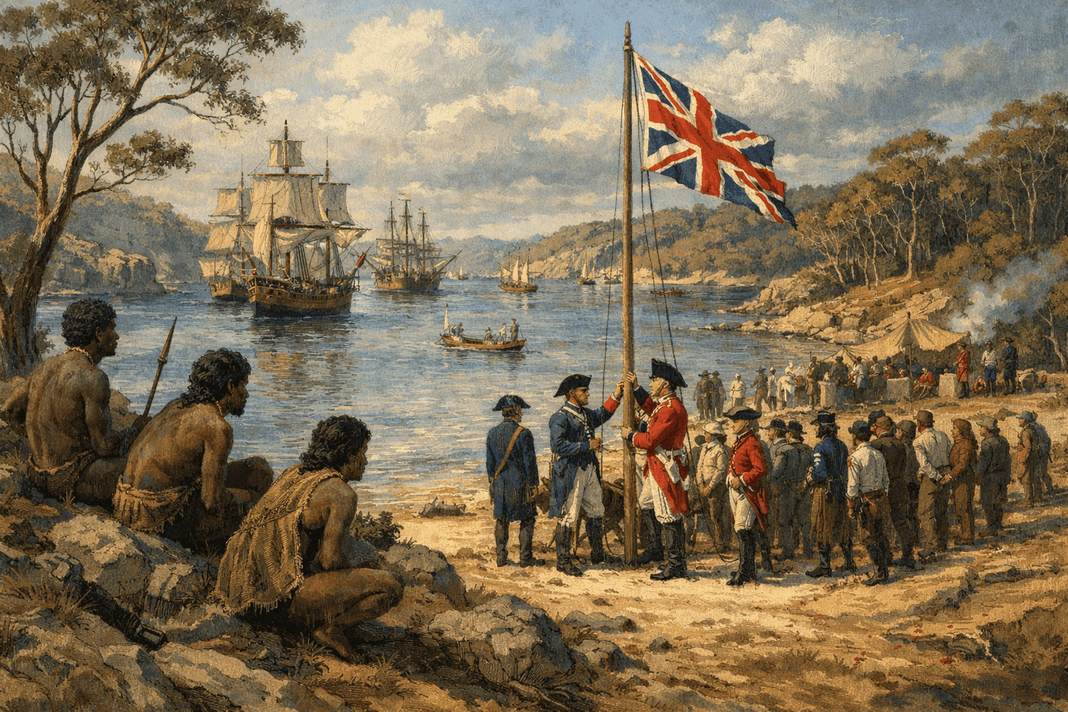 The First Fleet ships anchored at Sydney Cove with British flag being raised while Aboriginal people watch from the shore