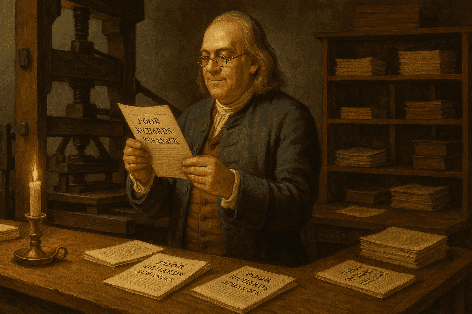 Benjamin Franklin in his printing shop surrounded by copies of Poor Richard's Almanack, with printing press and colonial-era setting