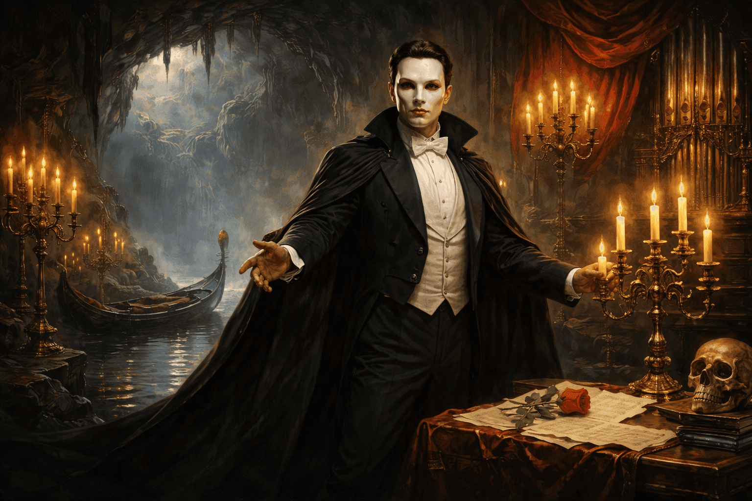The Phantom in his iconic half-mask standing in the underground lair beneath the opera house with candles and the lake visible