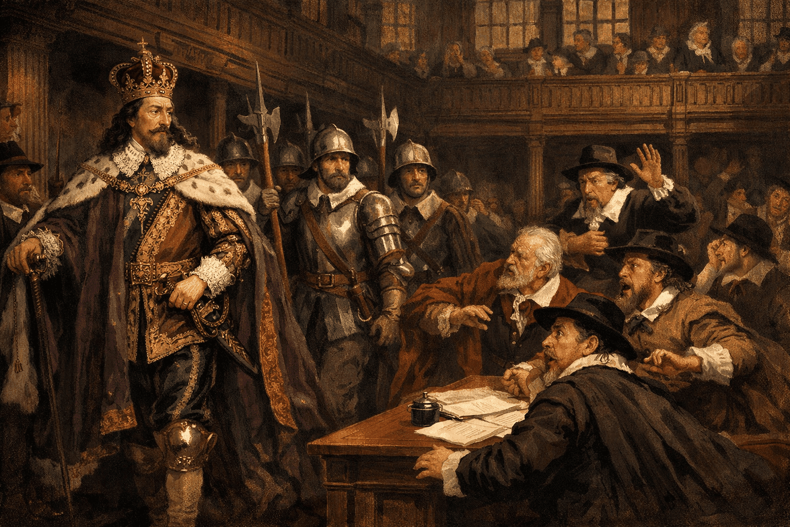 King Charles I with armed soldiers entering the House of Commons in 1642 to arrest members of Parliament in dramatic confrontation
