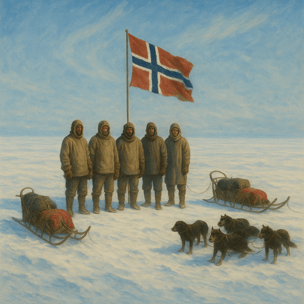 Roald Amundsen and his team standing at the South Pole with Norwegian flag planted in the ice, surrounded by endless white Antarctic wilderness under a pale sky