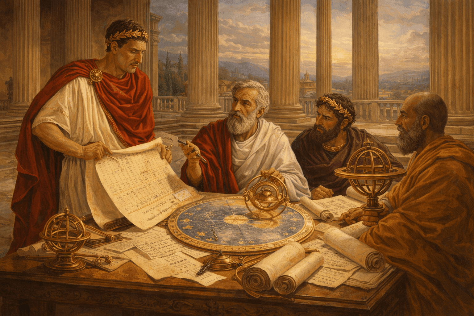 Julius Caesar with astronomers consulting celestial charts and calendar documents in ancient Rome, surrounded by Roman architectural elements