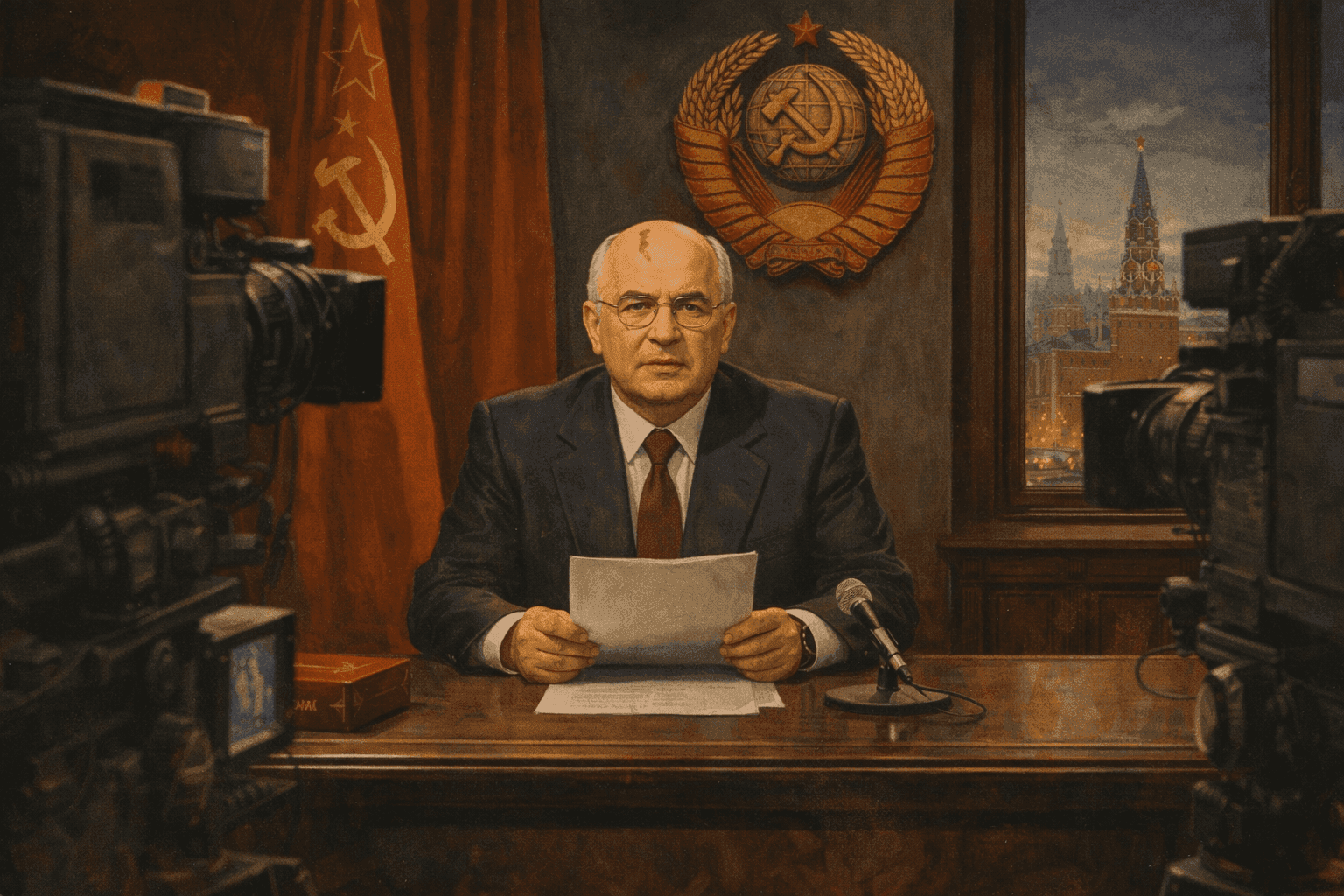 Mikhail Gorbachev delivering his resignation speech on television with the Kremlin visible, symbolizing the end of the Soviet Union