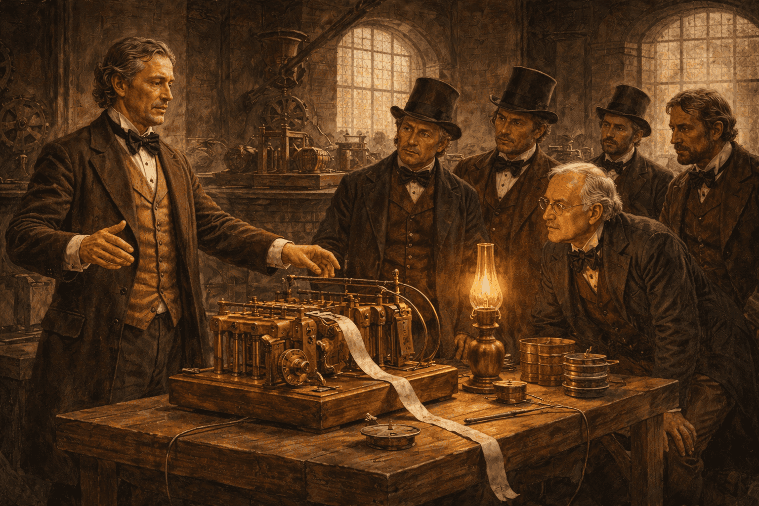 Samuel Morse demonstrating his telegraph in 1838 at the Speedwell Iron Works with observers watching the device transmit messages