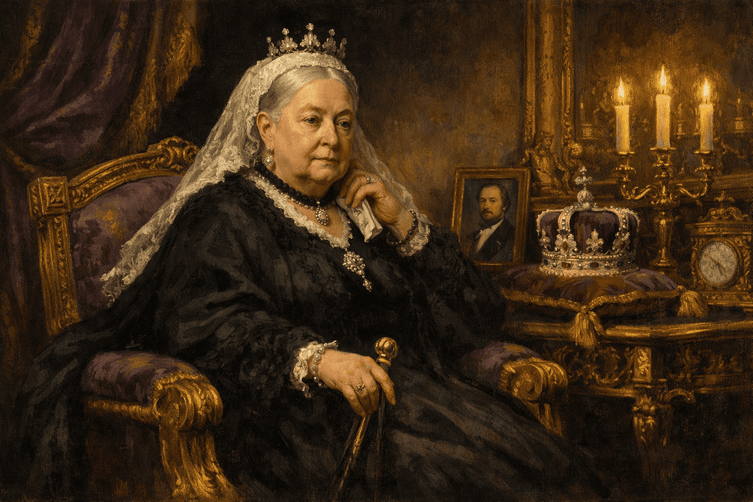 Queen Victoria in her later years wearing black mourning dress and crown, seated in a formal royal portrait