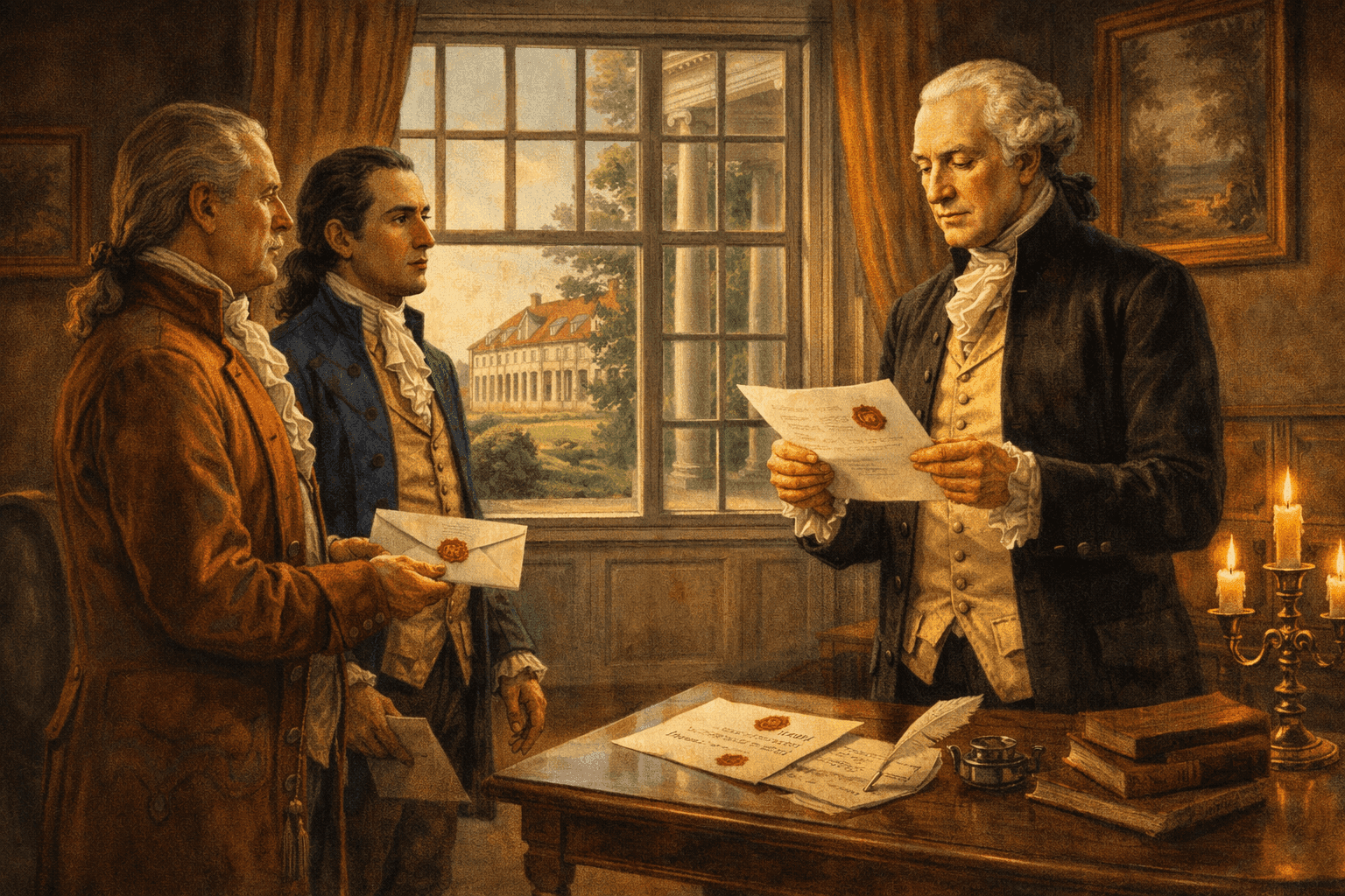 George Washington receiving news of his unanimous election as first president in 1789 at Mount Vernon with official documents and early American setting