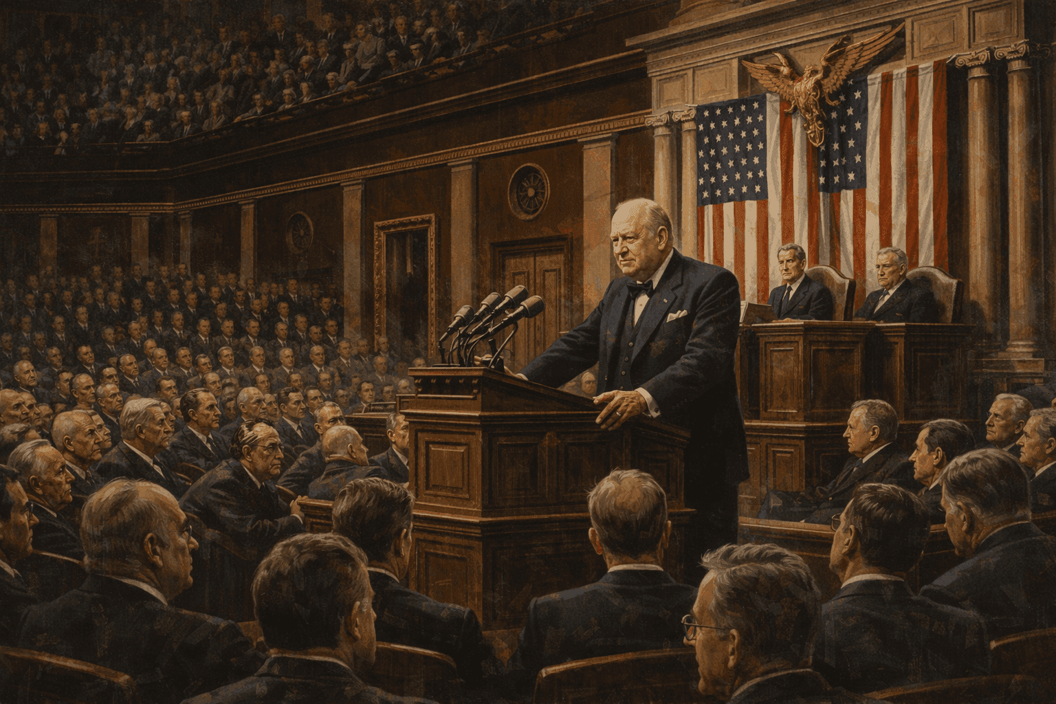 Winston Churchill delivering his historic address to the U.S. Congress with American officials and representatives assembled in the chamber