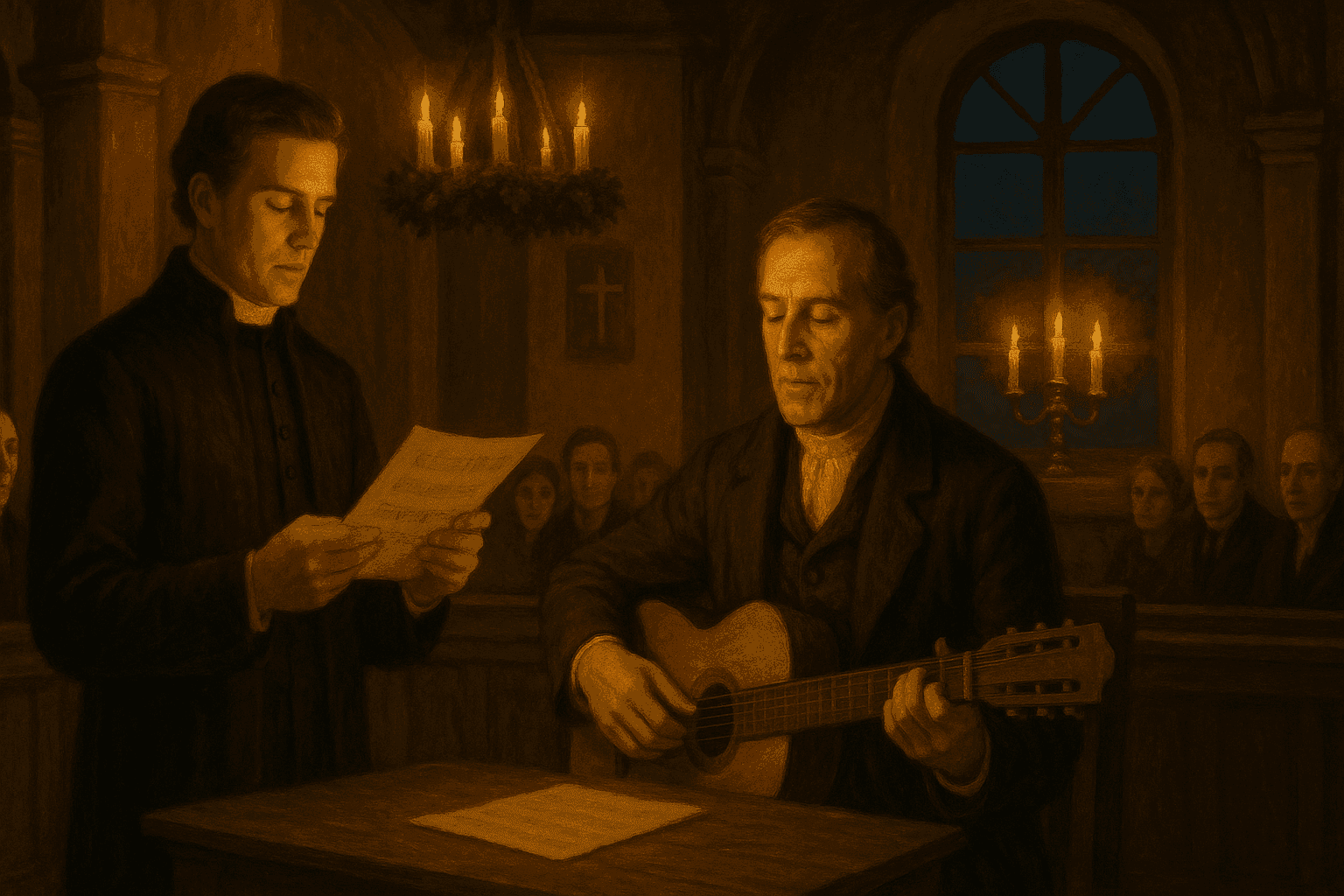 Joseph Mohr and Franz Gruber performing Silent Night with guitar in the candlelit St. Nicholas Church in Oberndorf on Christmas Eve 1818