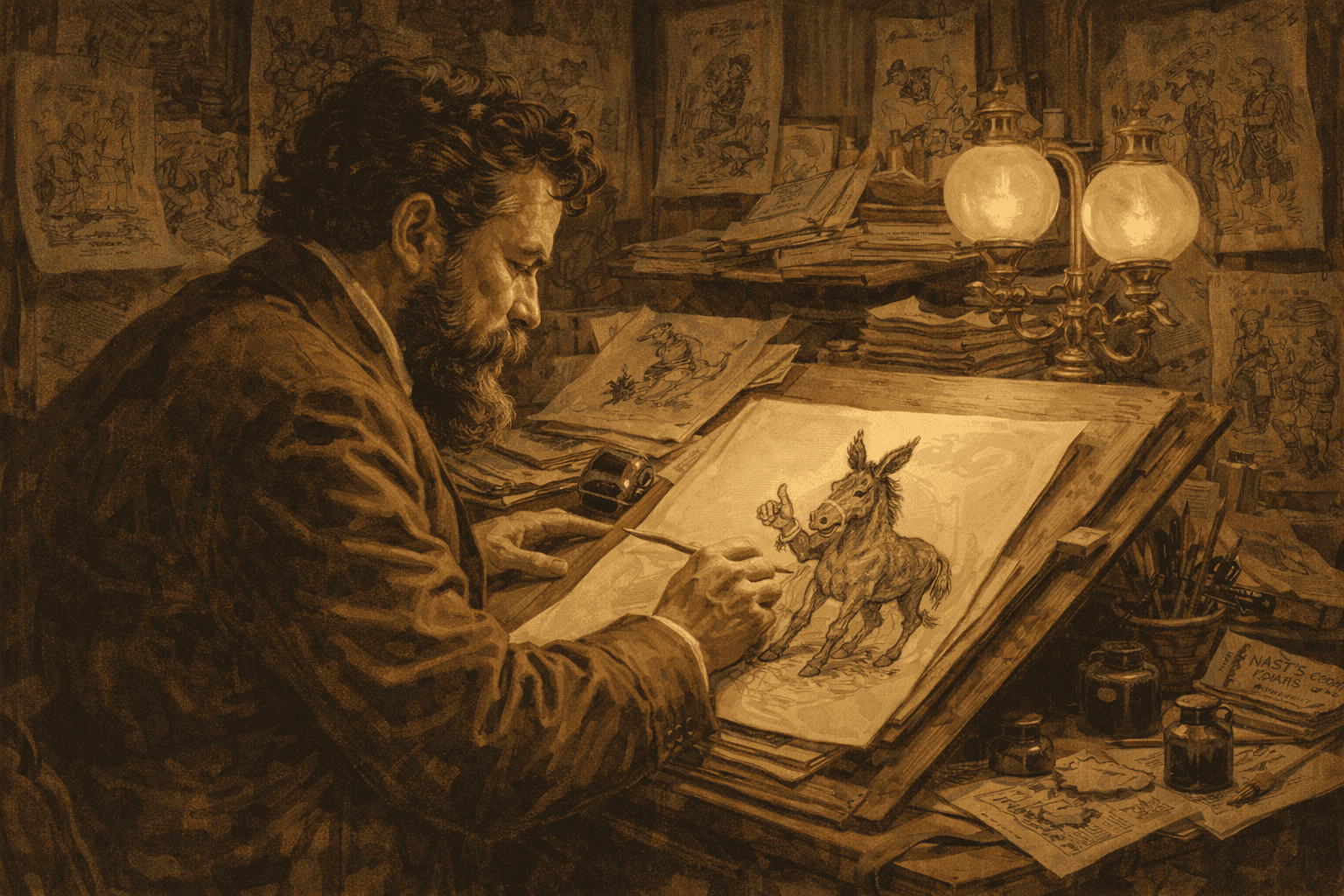 Thomas Nast at his drawing desk creating a political cartoon featuring a donkey, surrounded by sketches and ink