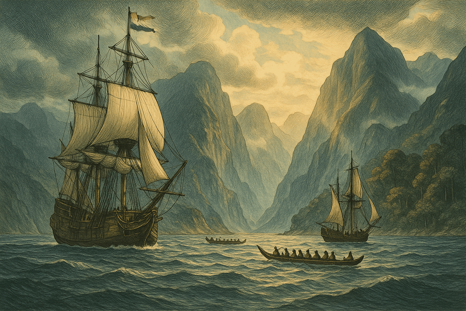 Dutch sailing ships approaching the dramatic coastline of New Zealand, with misty mountains rising in the background and Māori waka visible in the distance