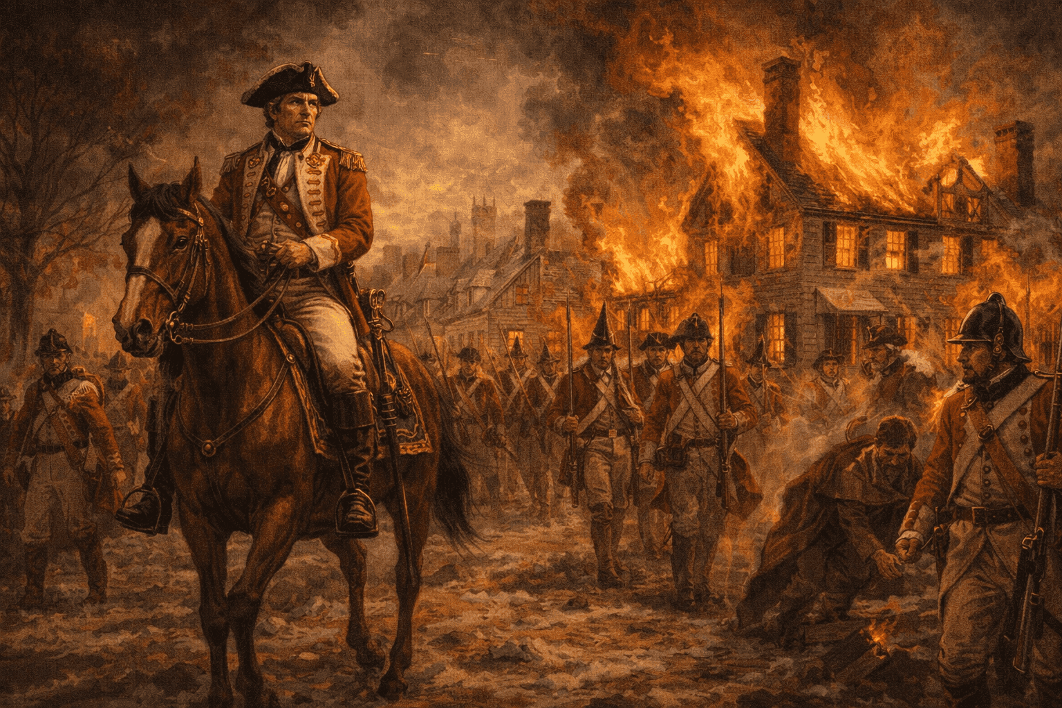Benedict Arnold leading British forces burning Richmond, Virginia in 1781 with buildings aflame and Revolutionary War era military details